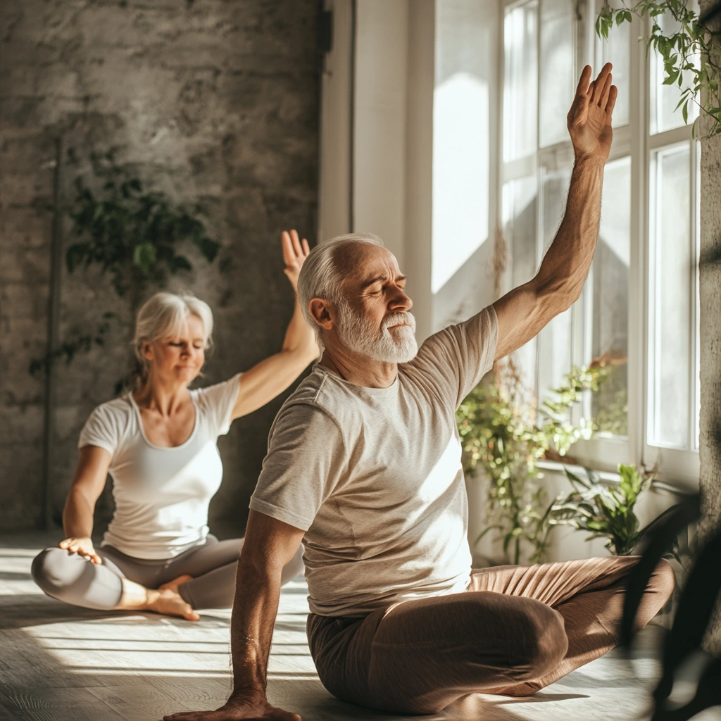 Група пенсіонерів виконує вправи на розтяжку