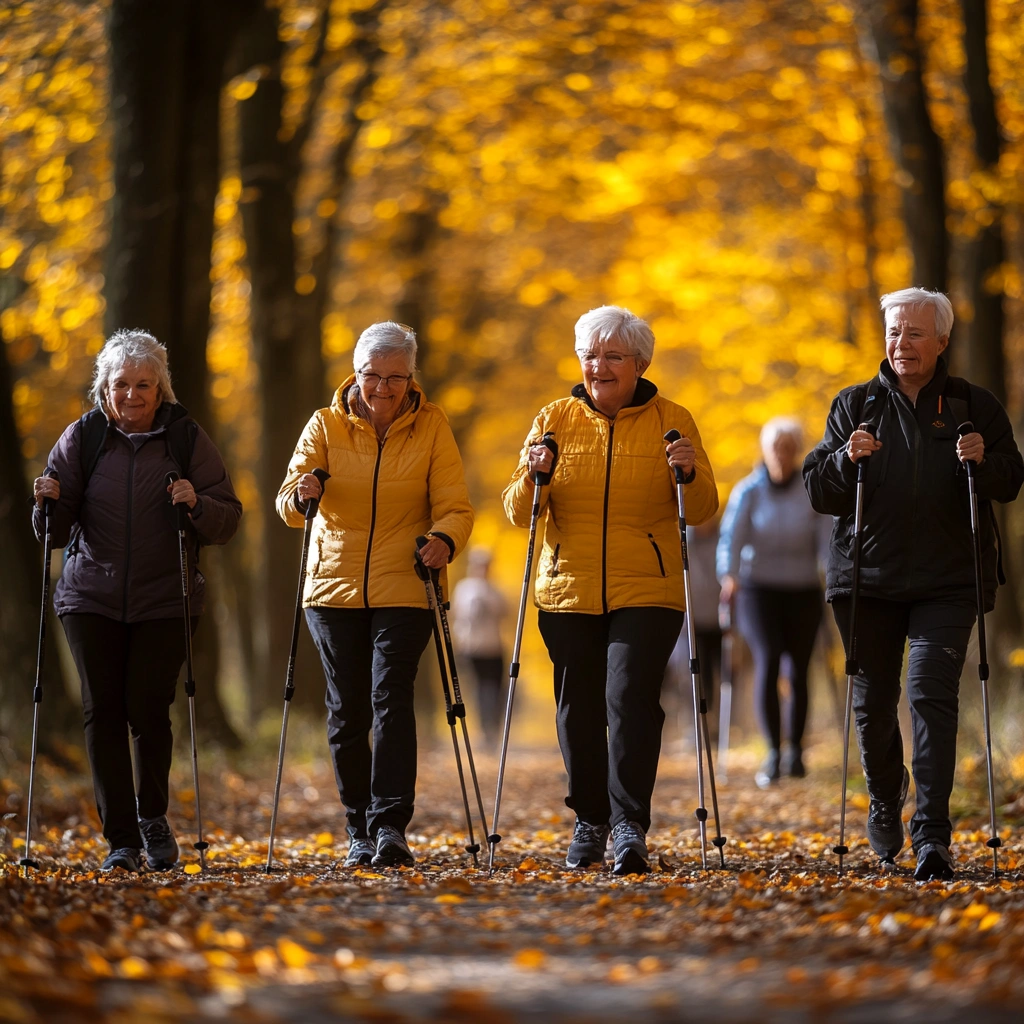 Група пенсіонерів на скандинавській ходьбі в парку